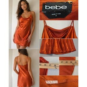 Bebe Satin Slip Dress Orange Cowl Neck Strappy Mini USA Made Medium